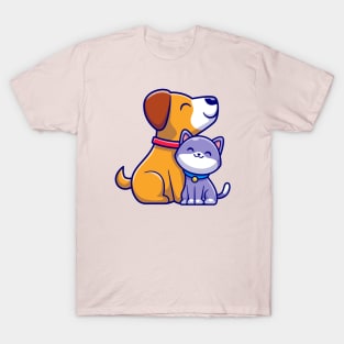 Cute Dog and Cat Friend Cartoon T-Shirt